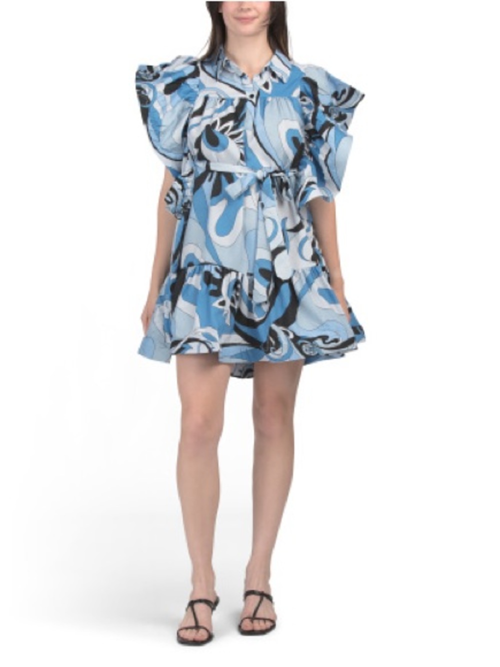 Abstract Blue Print Ruffle Mini Dress